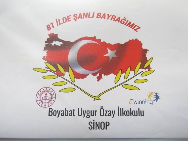 Boyabat Uygur Özay İlkokulu 4-B sınıf öğrencileri, hazırladıkları kontraplak üzerine çeltik tanelerini büyük bir titizlikle yapıştırdılar.Son olarak Türk Bayrağı çeltik başakları kullanılarak özenle süslendi.