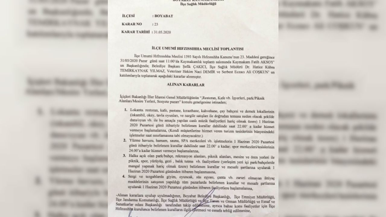 Boyabat'ta restoran, kafe ve parklarla ilgi alınan kararlar açıklandı.