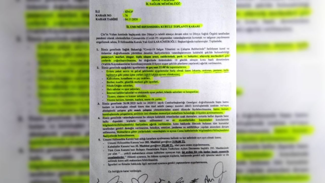 Sinop Valiliğinden Pandemi ile ilgili yeni kararlar
